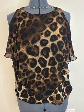 Liz McCoy Leopard Print Layered Tank Top with Gold Chain Neck Accent XL